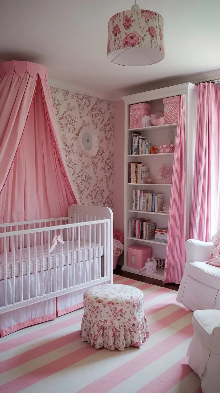 Dreamy French Country Nursery: This baby girl's room is bursting with charming details, offering a wealth of baby nursery inspiration and girl nursery themes.  From the delicate color palette to the thoughtful nursery organization, it's the perfect blend of girly nursery ideas and baby room themes for a serene and stylish space.  Find more baby girl nursery ideas and nursery inspiration for girls here.
