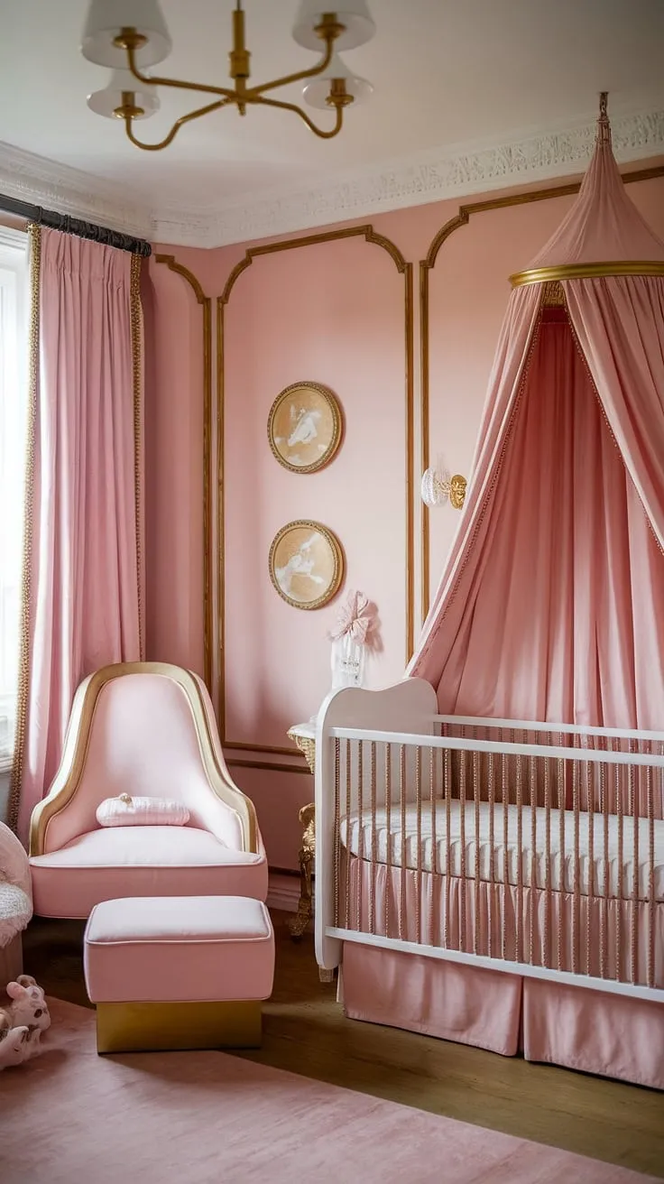 This exquisitely designed French country nursery offers a wealth of baby girl nursery ideas and nursery inspiration for girls.  The soft pink walls, gold accents, and delicate pink canopy create a girly nursery that's both stylish and functional.  From the chic furniture to the thoughtful nursery organization, this baby room themes masterpiece provides abundant inspiration for creating your own perfect baby girl's room.