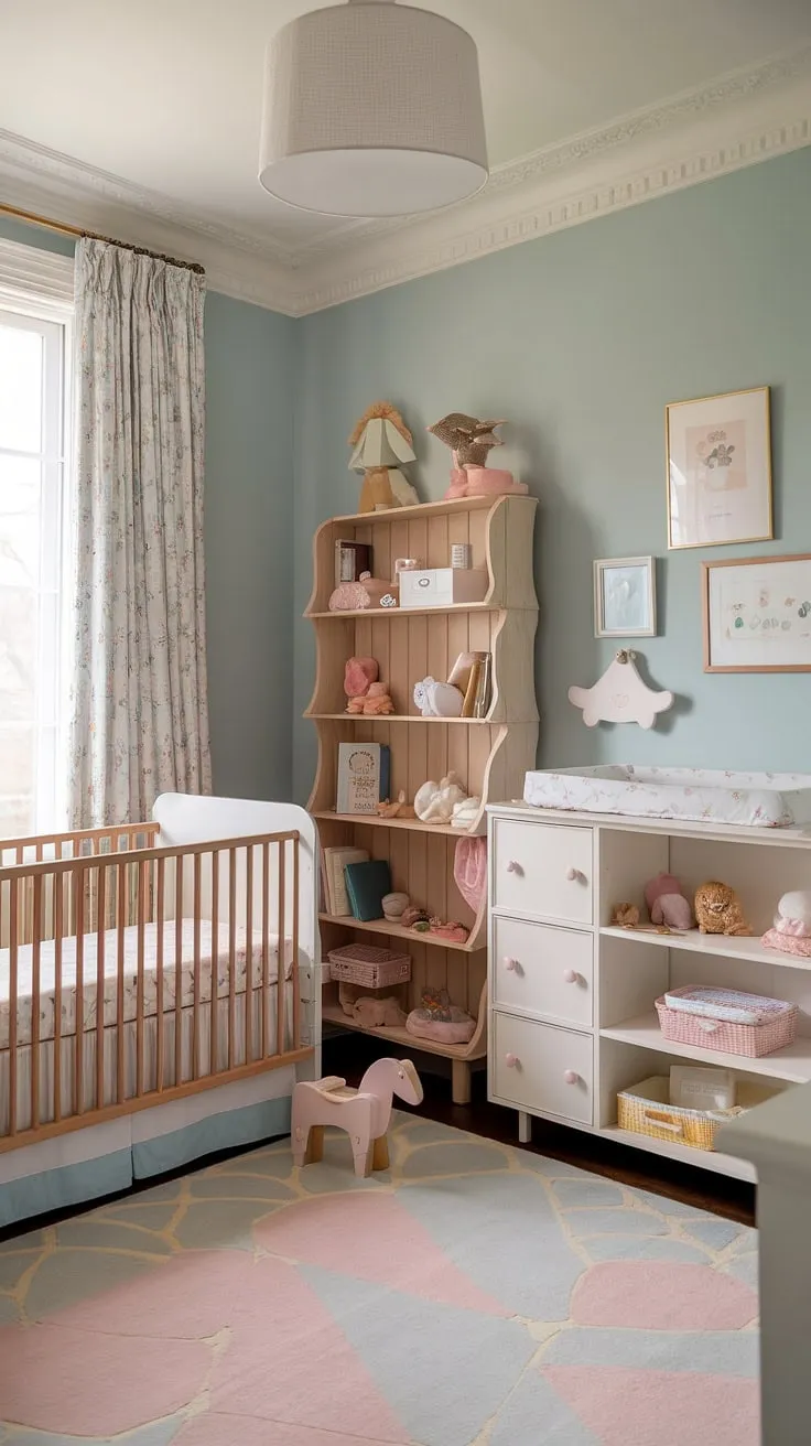 Step into a world of gentle hues and delicate details in this dreamy French country nursery.  From the white furniture to the pastel accents, this baby room themes design provides the perfect balance of style and functionality.  Get inspired by this baby girl's room and discover more nursery inspiration for girls, including tips on nursery organization.