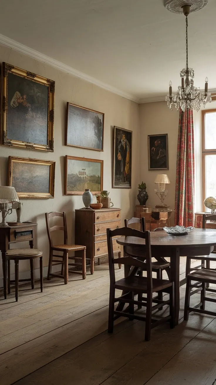 A timeless blend of styles: this European farmhouse dining room is a picture of refined living. The Victorian dining room's ambiance, with its old money dining room air and light academia dining room touches, is perfectly captured around the classic dining table.