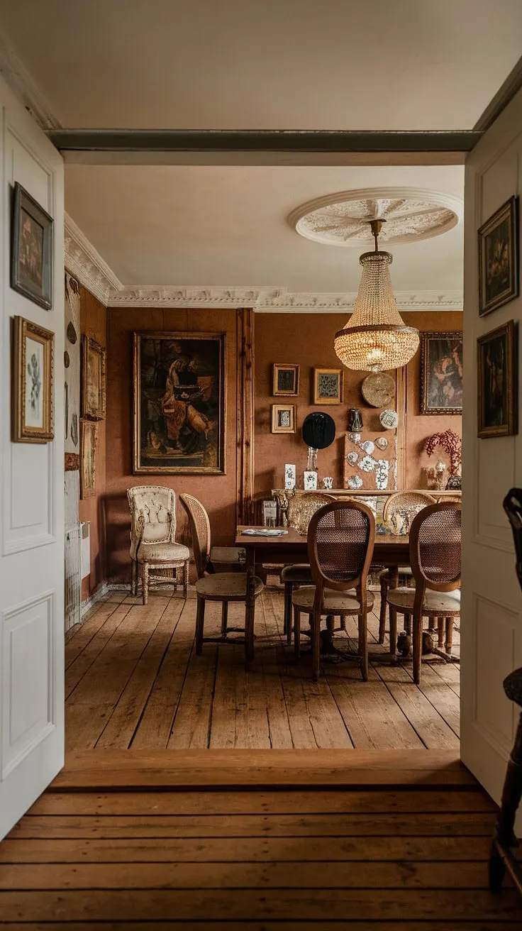 Bathed in the warm glow of a magnificent chandelier, this European farmhouse dining room embodies classic Victorian elegance. The rich wooden floors and antique artwork create a traditional dining room setting, while the substantial dining table and accompanying chairs hint at old money refinement. This French dining room, with its carefully curated decorative items, perfectly captures the spirit of a light academia aesthetic, a truly timeless and inviting space.