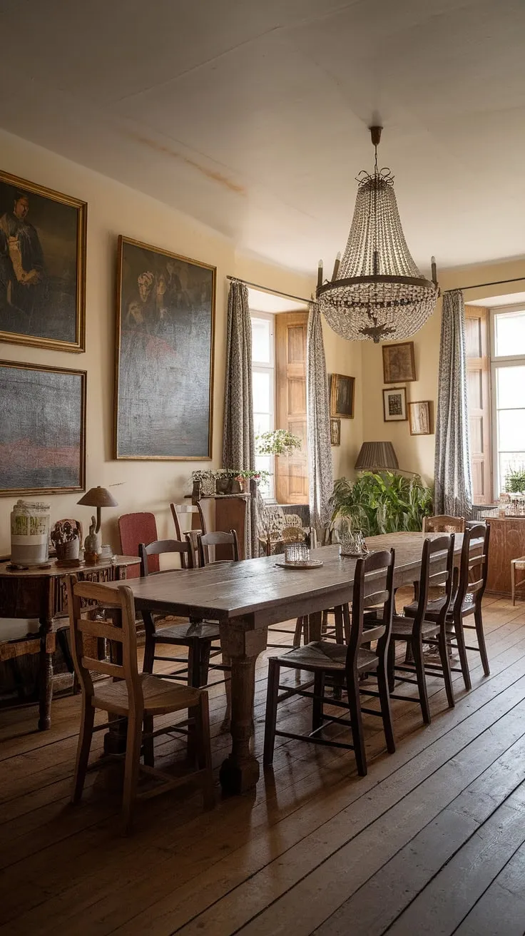 The heart of this home: a traditional dining room, brimming with old-world charm. This European farmhouse dining room boasts a magnificent dining table as its centerpiece, surrounded by comfortable seating. The soft lighting enhances the vintage paintings and the elegant chandelier, creating a sophisticated yet welcoming atmosphere. Elements of light academia and Victorian dining room styles blend seamlessly in this classic dining room, a testament to timeless elegance.