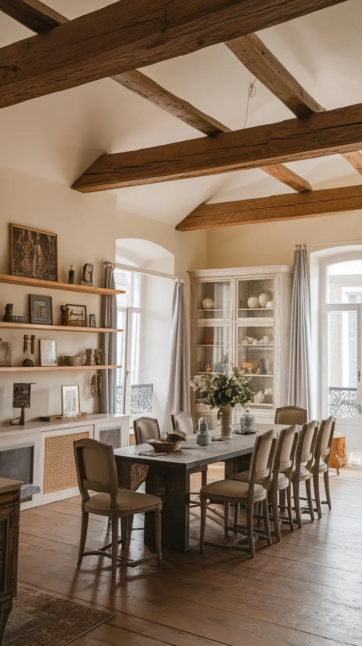A classic French dining room, where traditional elegance meets European farmhouse charm. The old money aesthetic shines in this light academia space, centered around a grand dining table.