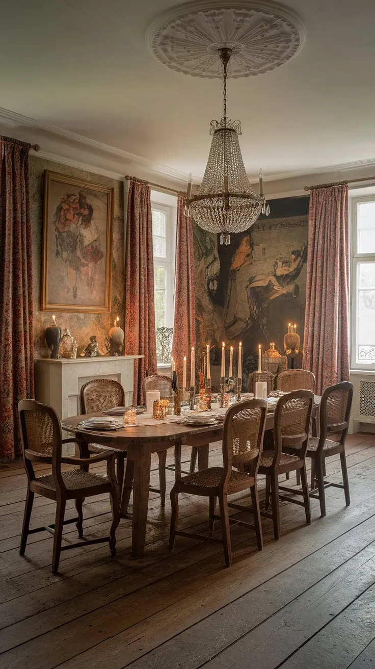 This European farmhouse dining room is a study in classic elegance. The Victorian dining room features a large, imposing dining table, the centerpiece of this traditional dining room. Adorned with a pristine white tablecloth and candlelight, it sets the stage for refined gatherings. The French dining room's charm is amplified by the vintage artwork and worn wooden floors, creating an old money dining room aesthetic with a touch of light academia.