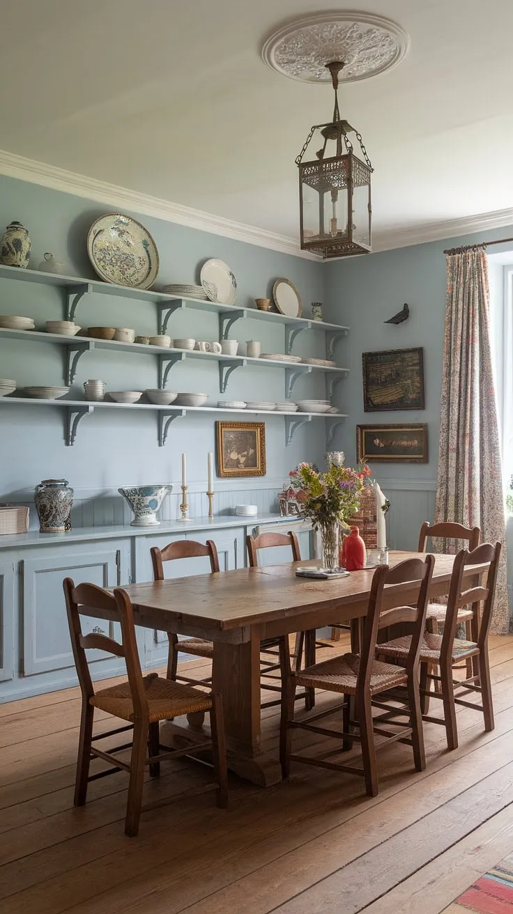 This old money dining room is the epitome of a traditional dining room, blending the charm of a french dining room with the grandeur of a Victorian dining room. The light blue walls and wooden floors create a light academia aesthetic, while the large dining table surrounded by chairs sets the stage for memorable meals. Shelves filled with dishes line the walls of this European farmhouse dining room, adding to its timeless appeal. The antique lantern hanging overhead completes the classic dining room ambiance.