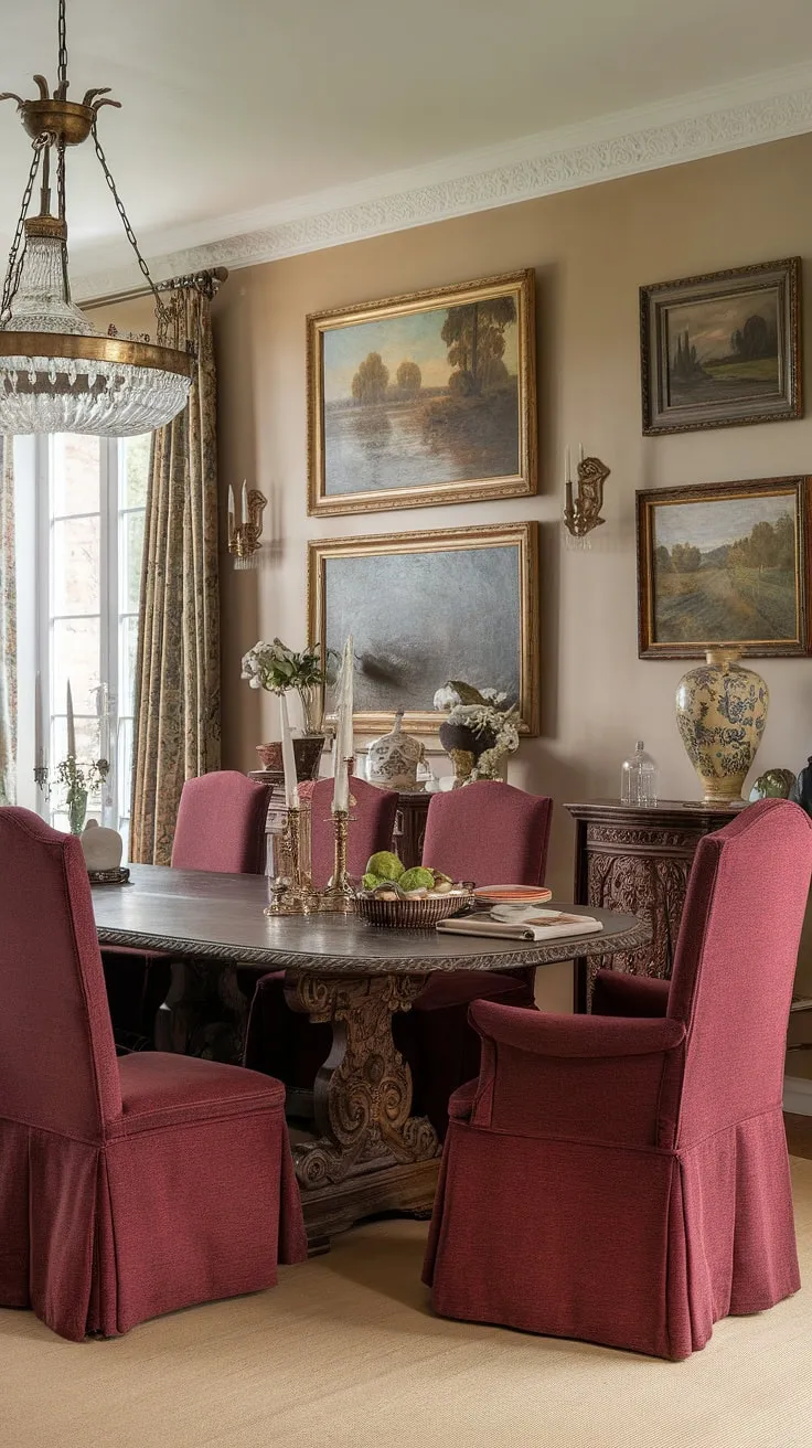 Step into this old money dining room, a breathtaking blend of French and Victorian styles. The classic dining room's European farmhouse charm is undeniable, with its intricate dining table and rich burgundy accents creating a light academia atmosphere in this traditional dining room.