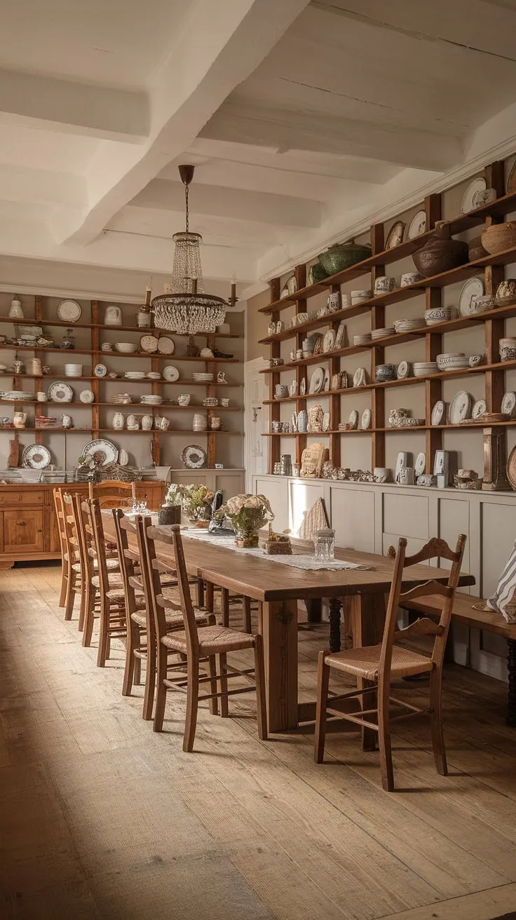 This European farmhouse dining room embodies the spirit of a traditional dining room, with its long, rustic dining table taking center stage. The shelves overflowing with curated collections hint at an old money aesthetic, while the overall atmosphere is one of relaxed sophistication. Elements of a French dining room and Victorian dining room design blend seamlessly, creating a light academia feel that's both charming and inviting. The room's warmth and character make it the perfect setting for cherished gatherings.
