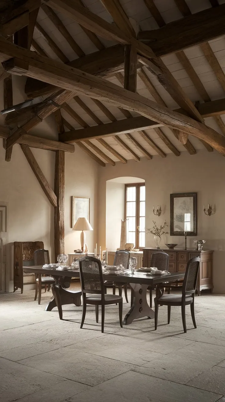 Step into a classic dining room, where a magnificent dark wood dining table reigns in this European farmhouse setting. This Victorian-inspired French dining room embodies old money charm and light academia aesthetics.