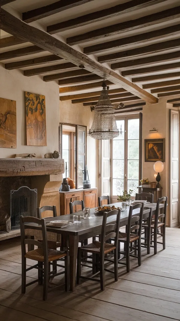 This traditional dining room, a stunning example of a European farmhouse style, exudes old money charm. The classic French design, highlighted by the impressive dining table and stone fireplace, embodies light academia and creates a truly unforgettable victorian dining room experience.