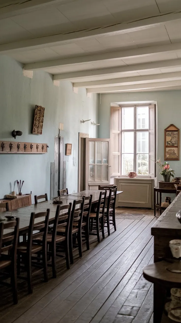 Step into this charming French dining room, a blend of traditional and classic styles, where old money elegance meets light academia in a beautiful European farmhouse setting. The long dining table awaits.