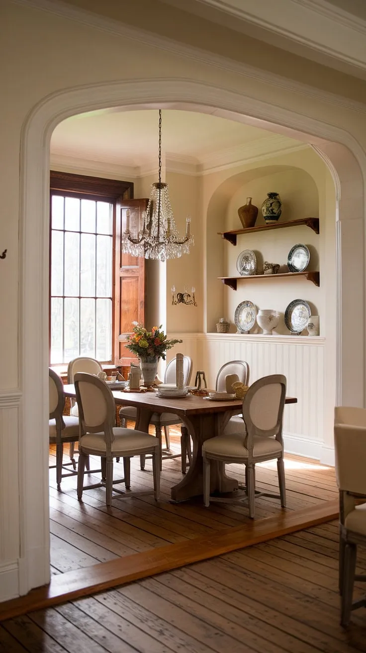 This European farmhouse dining room reimagines the classic dining room with a touch of Victorian charm. A perfect example of old money dining room style, the light academia atmosphere is enhanced by the French dining room's natural light and traditional details surrounding the impressive dining table.
