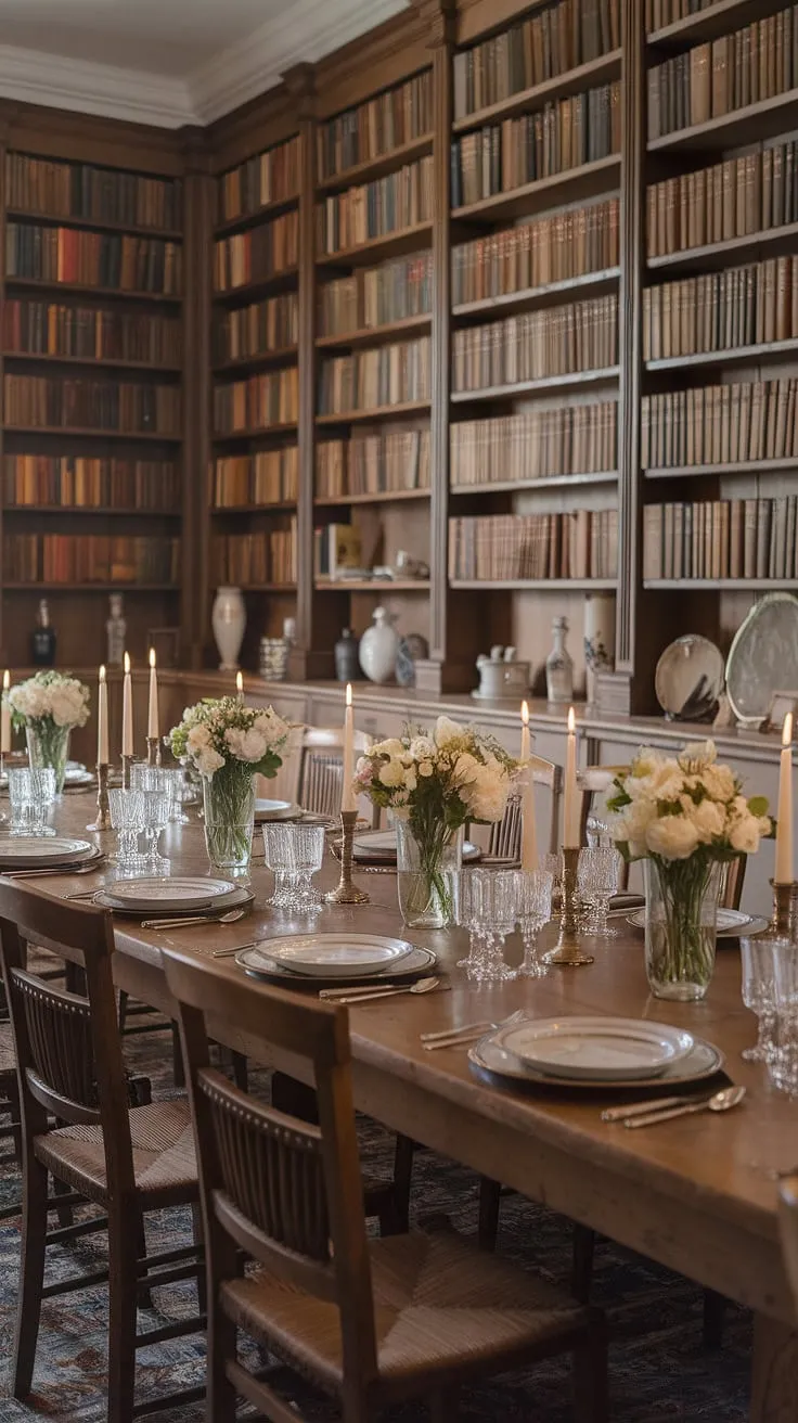 A timeless French dining room, where traditional elegance meets the warmth of a European farmhouse. The classic dining table, set for a gathering, whispers tales of old money and light academia.