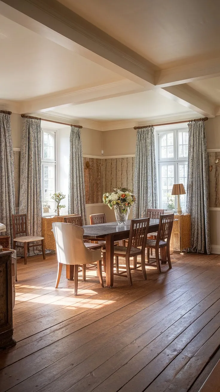 A French dining room of dreams: this European farmhouse dining room boasts a traditional dining room aesthetic, with a grand dining table setting the scene in this old money, light academia haven.
