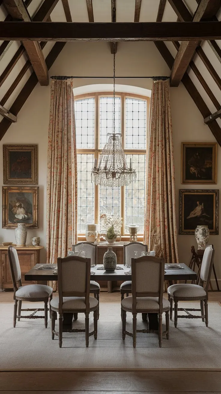 Bathed in the warm glow of a chandelier, this European farmhouse dining room seamlessly blends traditional and Victorian styles. Dark wood gleams on the dining table, surrounded by upholstered chairs, while stained-glass windows cast vibrant hues across the room. Vintage paintings adorn the walls, contributing to the old money aesthetic and light academia feel of this classic dining room, a perfect example of a French dining room's refined charm.