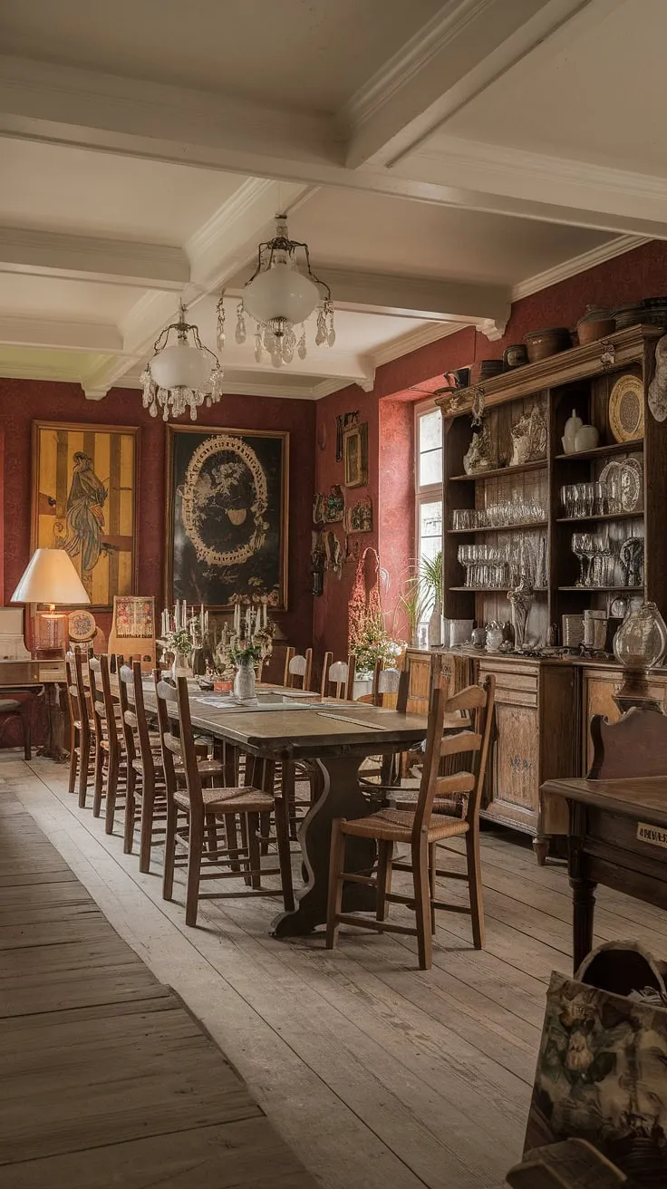 This European farmhouse dining room embodies the spirit of a bygone era. The rich wood of the dining table and floorboards contrasts beautifully with the delicate details of the Victorian dining room's décor. A curated collection of vintage artwork and ornate lighting fixtures creates a sophisticated yet inviting atmosphere. The sideboard, laden with glassware and dishes, hints at lavish meals shared within this old money dining room, a perfect example of a classic and light academia dining room style.