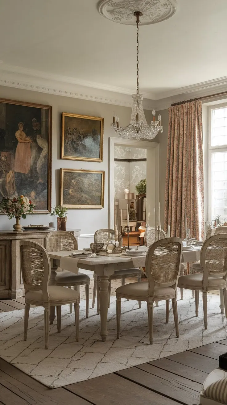 This old money dining room is the epitome of a light academia aesthetic. The victorian dining room's charm is undeniable, with its traditional dining room features like a grand dining table and classic European farmhouse design. The french dining room influence is evident in the carefully curated details, creating a space that is both timeless and inviting. This classic dining room is a testament to enduring style and understated luxury.