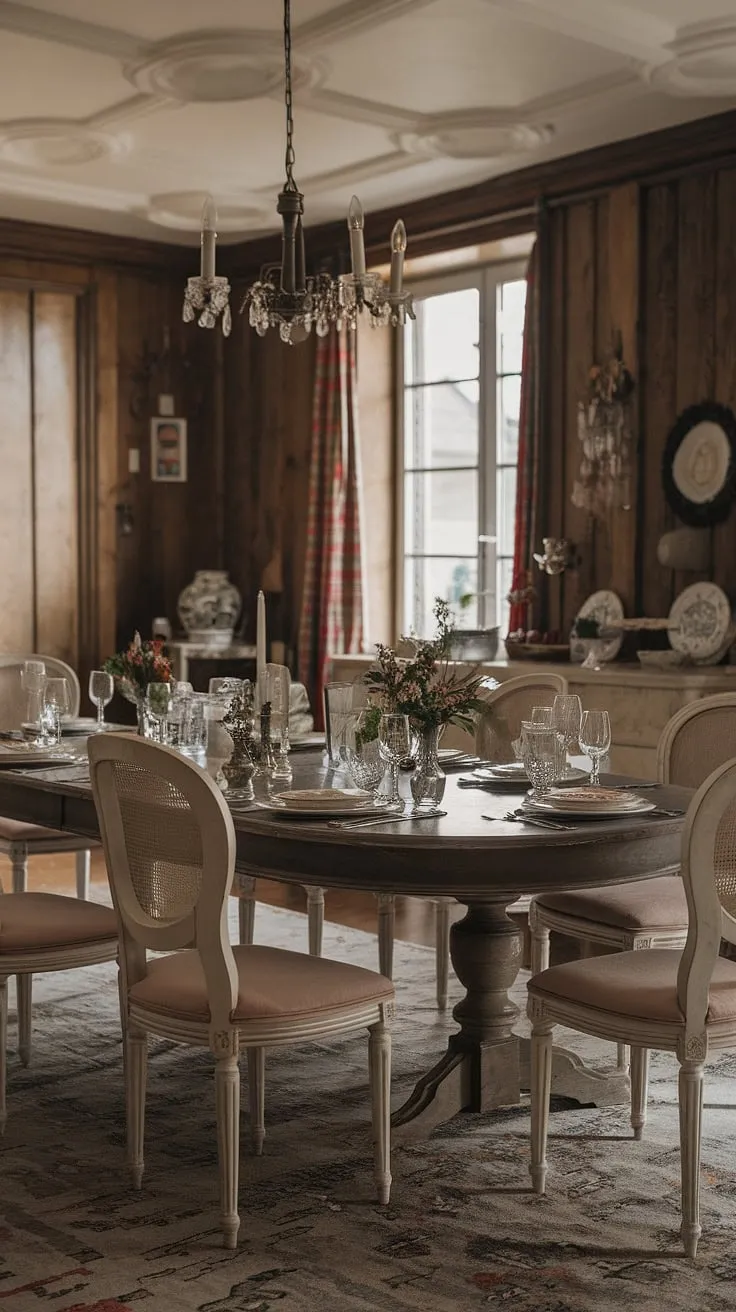 This European farmhouse dining room, with its traditional French influences, is the epitome of a classic dining room. The rich wood paneling and antique details create an old money ambiance, while the carefully set dining table hints at lavish gatherings. A perfect blend of Victorian and light academia styles, this space is a testament to timeless elegance.