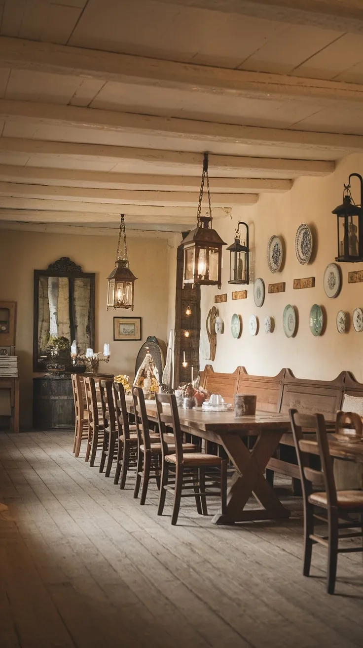 Warm light spills across the worn wooden planks of this European farmhouse dining room, illuminating a long, rustic dining table where a few chairs are occupied. The scene evokes a classic dining room aesthetic, with traditional decor including vintage lanterns, plates, and a mirror adding to the old money dining room feel. Hints of light academia are present in the careful arrangement, while the overall ambiance speaks to a timeless French dining room and Victorian dining room charm. This traditional dining room is a picture of comfortable elegance.