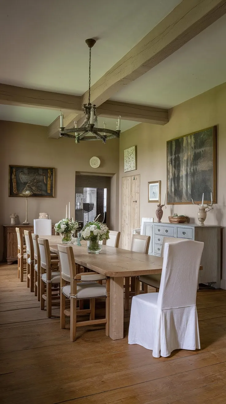 This European farmhouse dining room, a picture of refined simplicity, showcases the beauty of a traditional dining room. The long dining table, set for a grand occasion, speaks to the old money aesthetic, while the light and airy space hints at light academia influences, creating a truly classic French dining room.