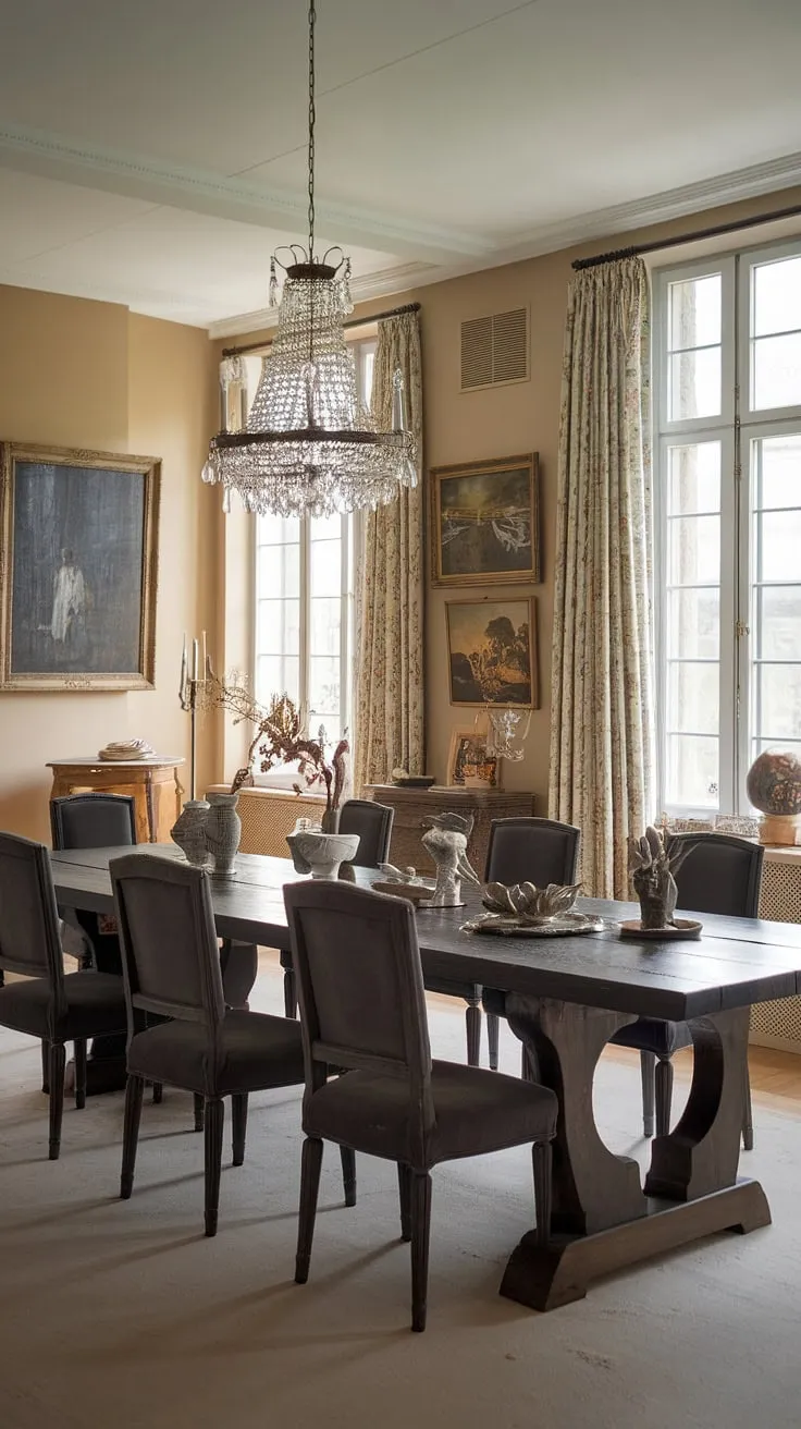 This old money dining room seamlessly blends the styles of a classic Victorian dining room and a European farmhouse dining room. The large, dark wood dining table anchors the space, surrounded by plush chairs in a traditional dining room setting. The soft beige walls and elegant chandelier complete the picture of refined French dining room style, with a hint of light academia in the carefully chosen artwork.