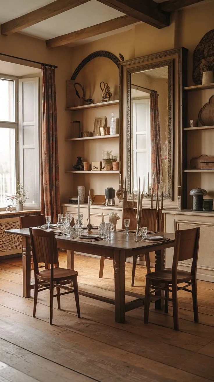 This traditional dining room, a stunning example of a Victorian dining room and European farmhouse dining room style, exudes old money charm. The richly colored walls, high ceilings, and wooden floors create a warm and inviting atmosphere. A grand dining table, perfectly set, is the focal point, surrounded by comfortable seating. The carefully curated shelves and large mirror add to the classic dining room's refined ambiance, hinting at a French dining room's sophisticated elegance and a touch of light academia.