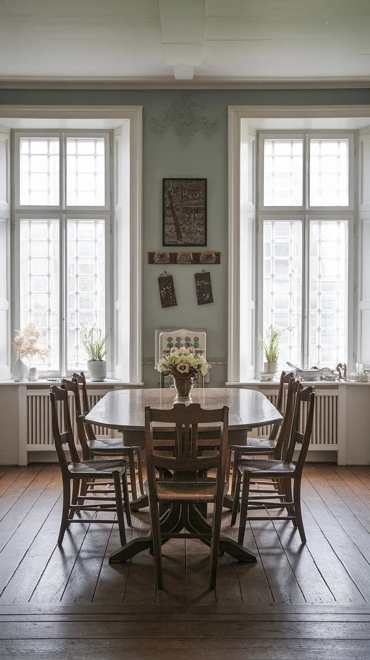 Bathed in soft light from the large windows, this European farmhouse dining room exudes old money charm. The classic Victorian dining table, centerpiece of the space, is surrounded by elegant chairs, creating a traditional dining room setting perfect for intimate gatherings. The light blue walls and wooden floors complete the light academia aesthetic, a truly French dining room experience.