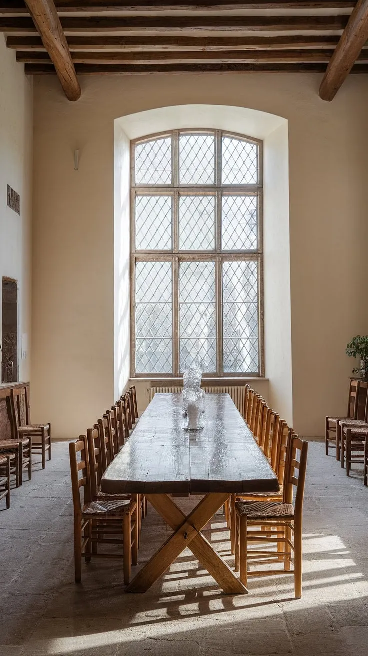 A breathtaking European farmhouse dining room, this space embodies the spirit of a traditional dining room with its grand scale and intricate details. The large dining table, bathed in natural light, speaks to the old money aesthetic, while the overall design hints at a light academia and Victorian influence, creating a truly unforgettable French dining room.