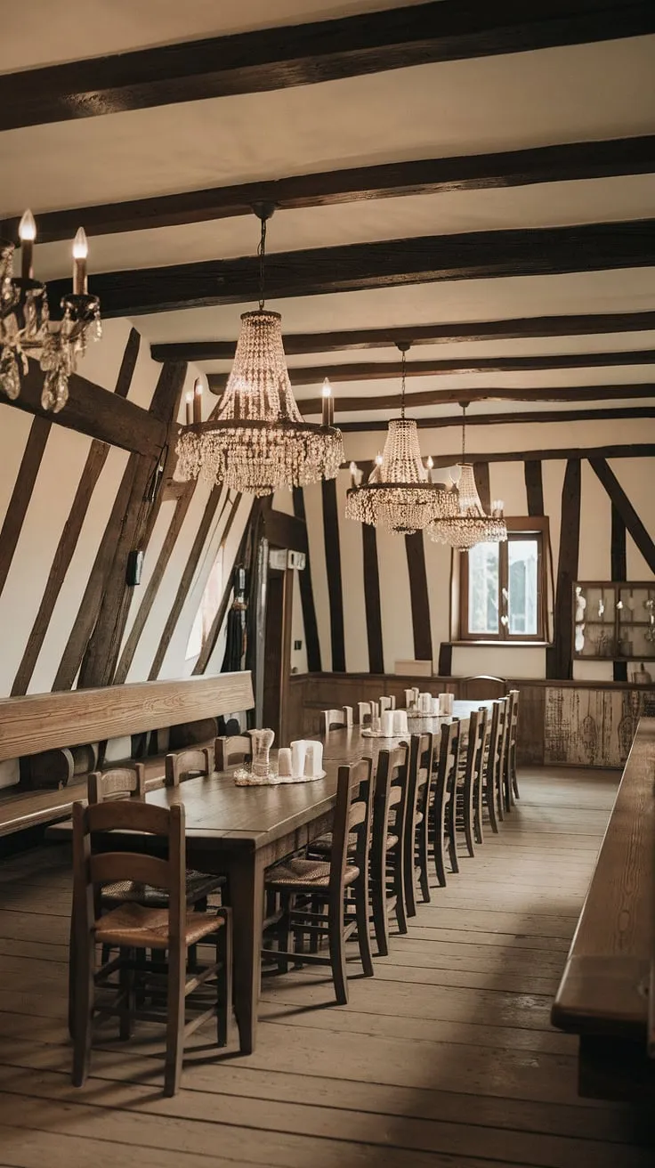 This European farmhouse dining room embodies traditional dining room charm. The aged wood beams and multiple chandeliers illuminate a classic dining room, perfect for gatherings in an old money, light academia style, centered around the impressive dining table.