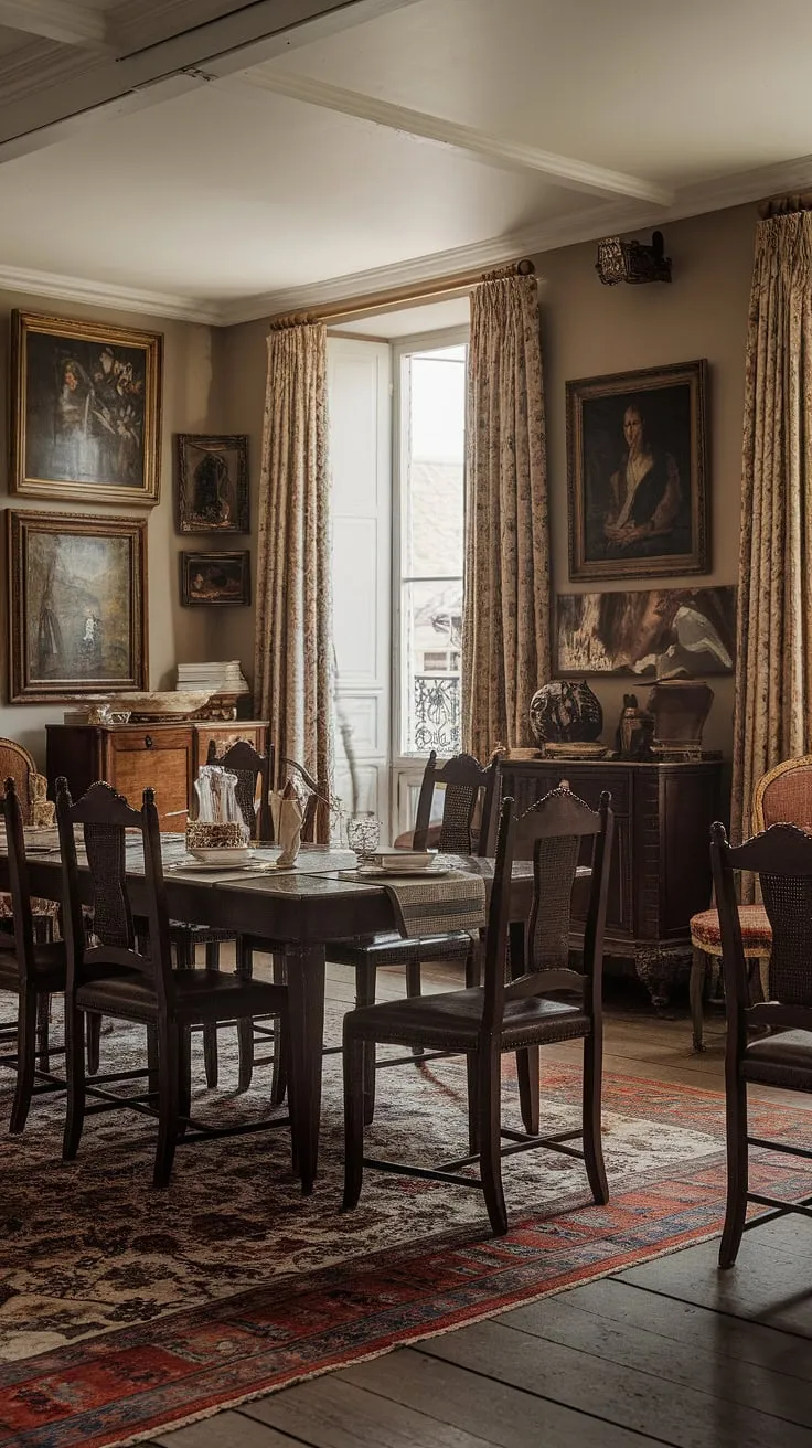 Step into this exquisite French dining room, a traditional haven of old money elegance within a charming European farmhouse. The classic Victorian dining room, with its rich dark wood and patterned rug, sets a scene of refined light academia. The grand dining table awaits.