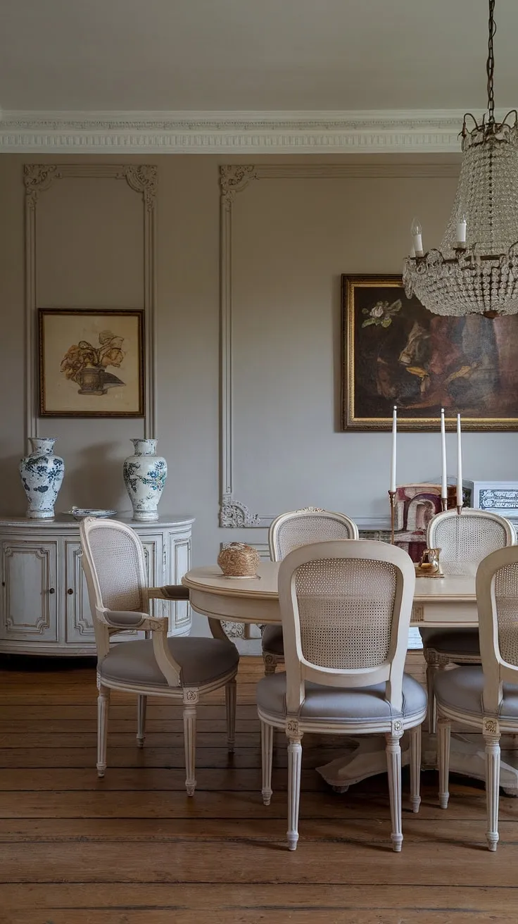 The epitome of a European farmhouse dining room with a touch of old money charm, this space effortlessly blends light academia with traditional design. A magnificent Victorian dining table takes center stage in this French dining room, its presence enhanced by the soft glow of the chandelier above. The muted walls and carefully chosen decorative pieces complete the picture of a classic dining room, a space where history and style intertwine seamlessly.