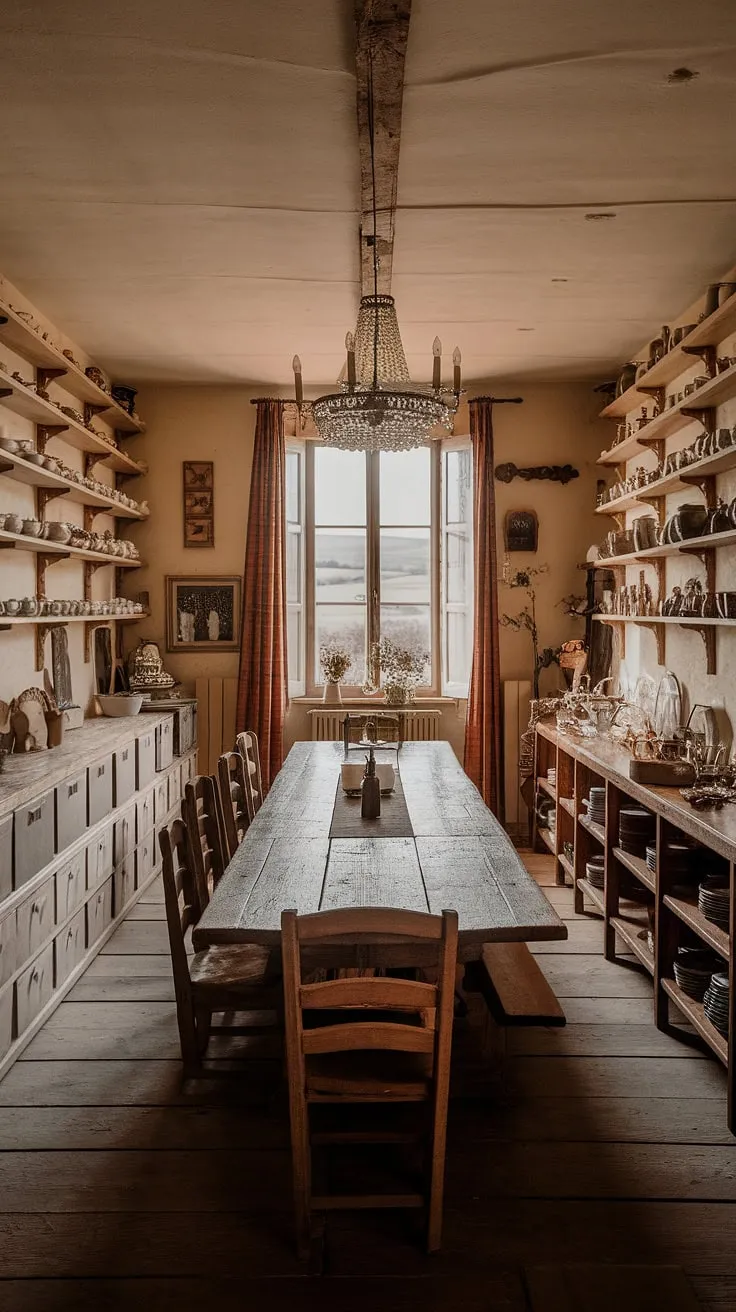 Bathed in the warm glow of a chandelier, this European farmhouse dining room embodies classic elegance. The long, rustic dining table, surrounded by chairs, anchors the space, while shelves laden with crockery add a touch of old money charm. A glimpse of the countryside through the window completes the idyllic scene, creating a traditional dining room that whispers of French country style and light academia sensibilities. This victorian dining room is the epitome of a traditional dining room.