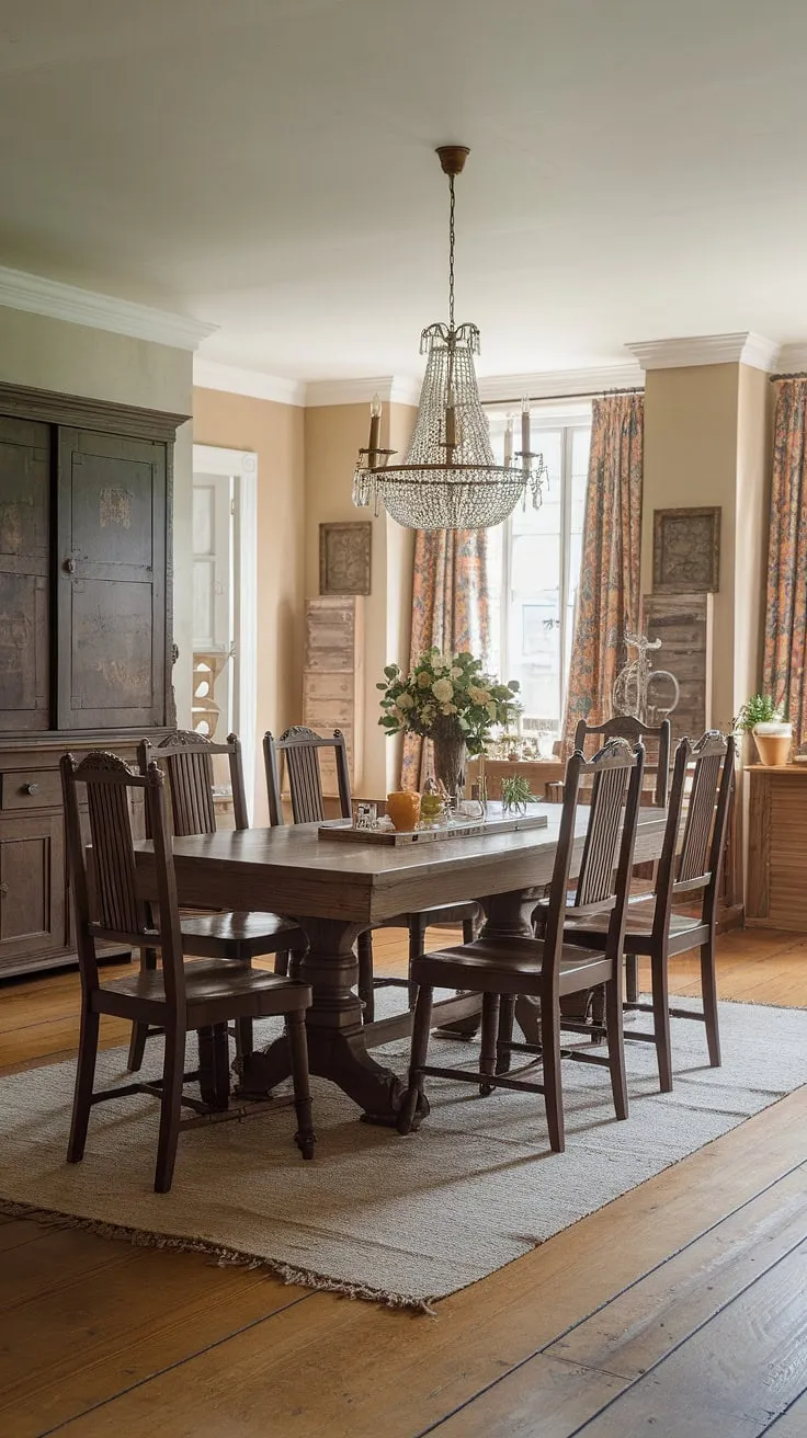 Bathed in the warm glow of a chandelier, this European farmhouse dining room exudes old money charm. The classic Victorian dining table, a centerpiece of dark wood and intricate detail, sits upon a plush rug, surrounded by six elegant chairs. This traditional dining room, with its rich wood floors and beige walls, seamlessly blends French dining room elegance with light academia sensibilities, creating a truly timeless and sophisticated space.