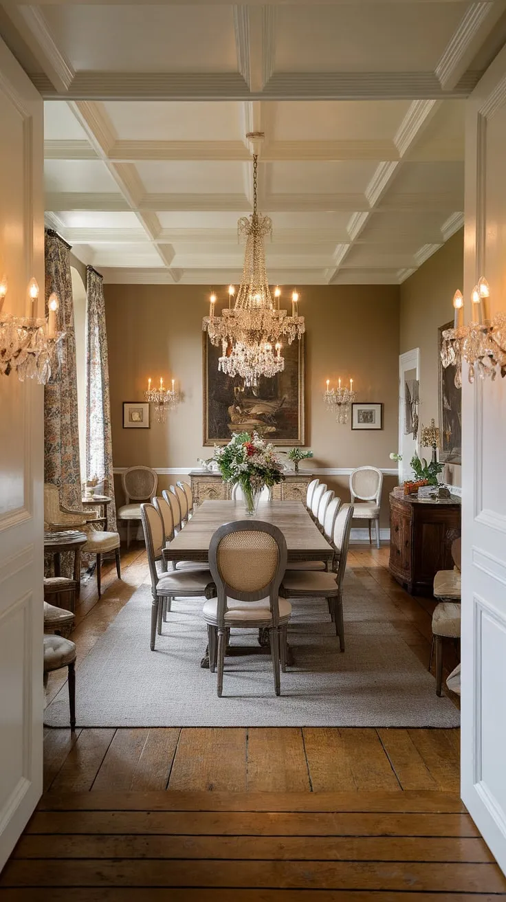 A Victorian-inspired French dining room, bathed in natural light. This traditional dining room, with its elegant dining table and warm ambiance, embodies the spirit of an old money European farmhouse.