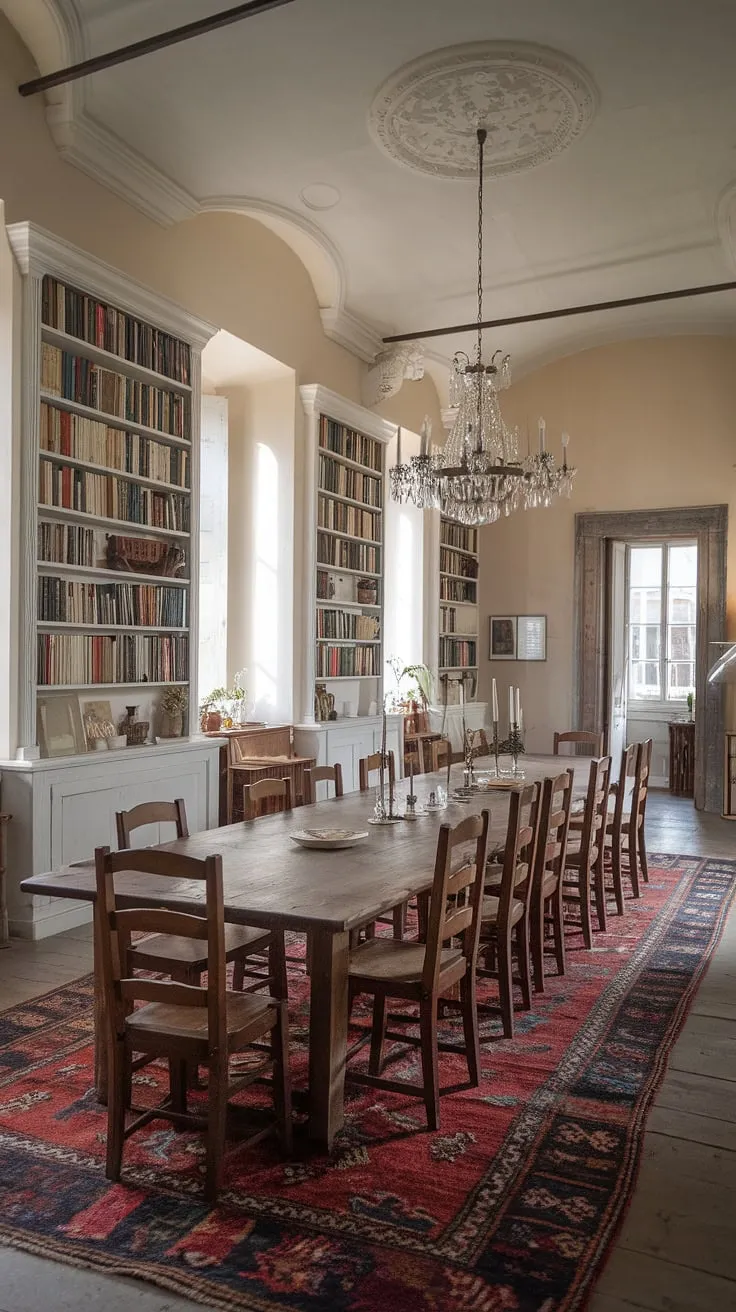 This Victorian dining room, a picture of refined simplicity, embodies the spirit of a light academia French dining room. The traditional dining room's ambiance is enhanced by the grand dining table and the comforting presence of bookshelves, creating an old money aesthetic in this European farmhouse setting.