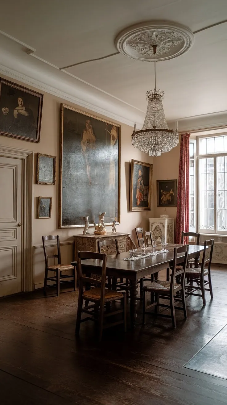 This Victorian dining room, a picture of refined taste, showcases a stunning French dining room aesthetic. The long dining table anchors the space, a testament to classic elegance in a traditional European farmhouse setting.
