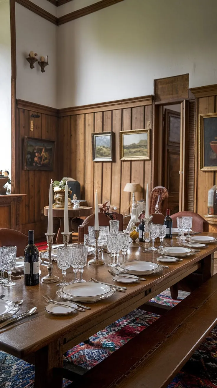 Bathed in the warm glow of candlelight, this European farmhouse dining room exudes old money charm. The long, polished dining table, set with fine china, silverware, and crystal, is the centerpiece of this classic dining room, a testament to traditional dining room elegance. Wooden paneling and framed artwork on the walls complete the sophisticated yet inviting atmosphere, hinting at a light academia aesthetic within this French dining room's Victorian-era framework.