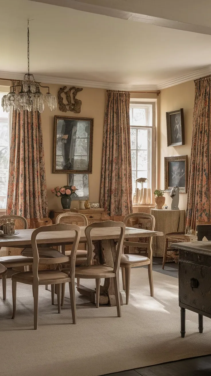 Step into this exquisite French dining room, a traditional dining room echoing the elegance of a classic Victorian dining room. The European farmhouse dining room's charm is undeniable, with its old money dining room ambiance and light academia dining room aesthetic centered around a grand dining table.