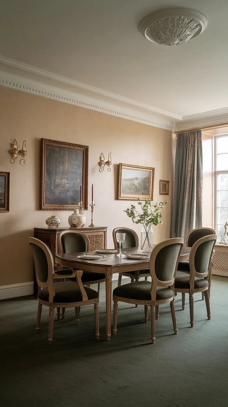 Bathed in soft light, this European farmhouse dining room exudes old money charm. A classic Victorian dining table, the centerpiece of the space, is surrounded by plush dark green chairs with gold accents, perfectly complementing the traditional dining room's beige walls and dark green carpet. Hints of light academia are woven throughout the décor, creating a sophisticated yet inviting French dining room atmosphere.