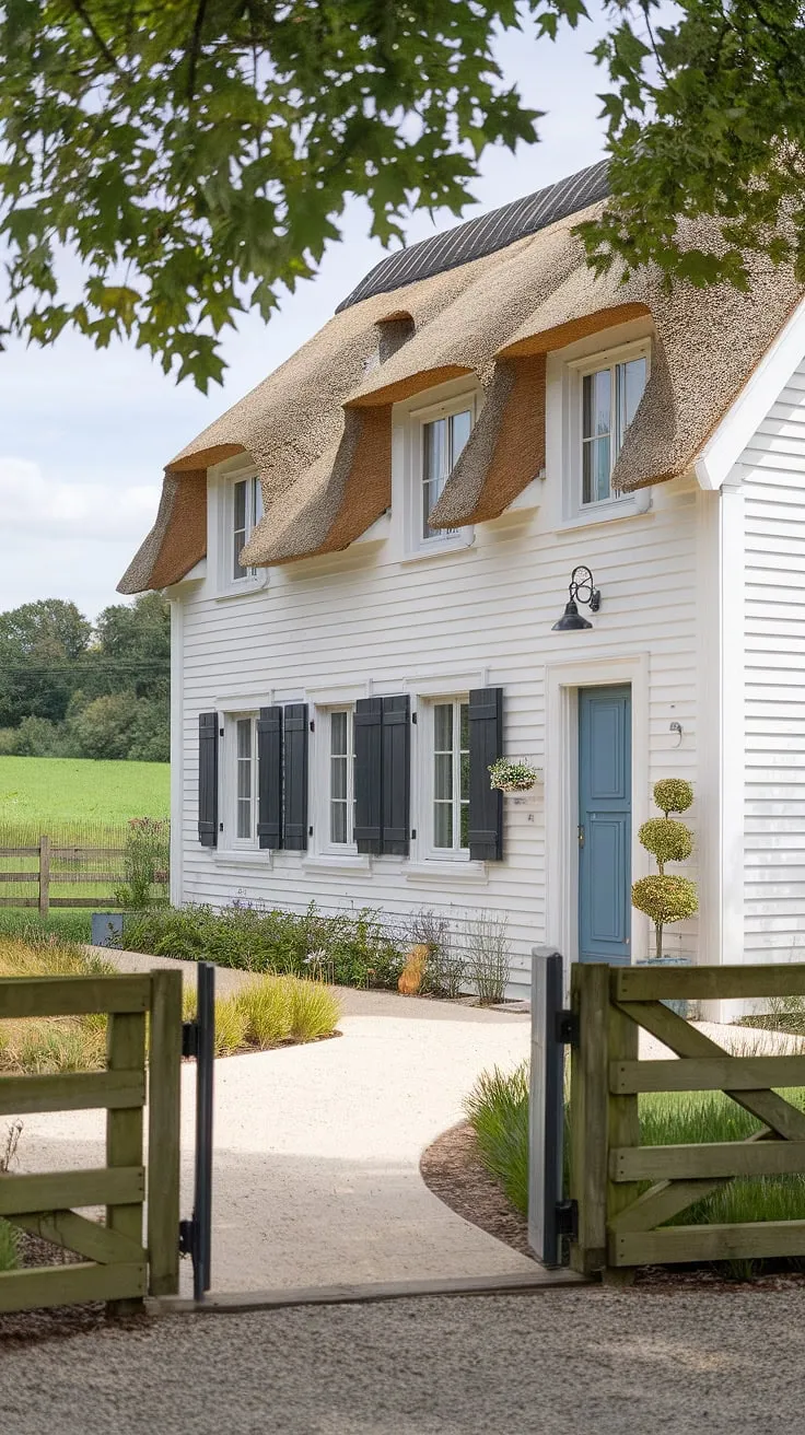 A charming white French farmhouse with black shutters, thatched roof, and blue door sits idyllically amidst a verdant field.