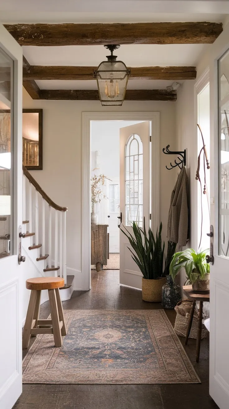 A modern French country home's entryway showcases a blend of old-world charm and contemporary design elements.