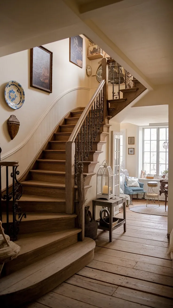Vintage décor adorns the walls of a French country farmhouse entryway leading to a comfortable sitting area.