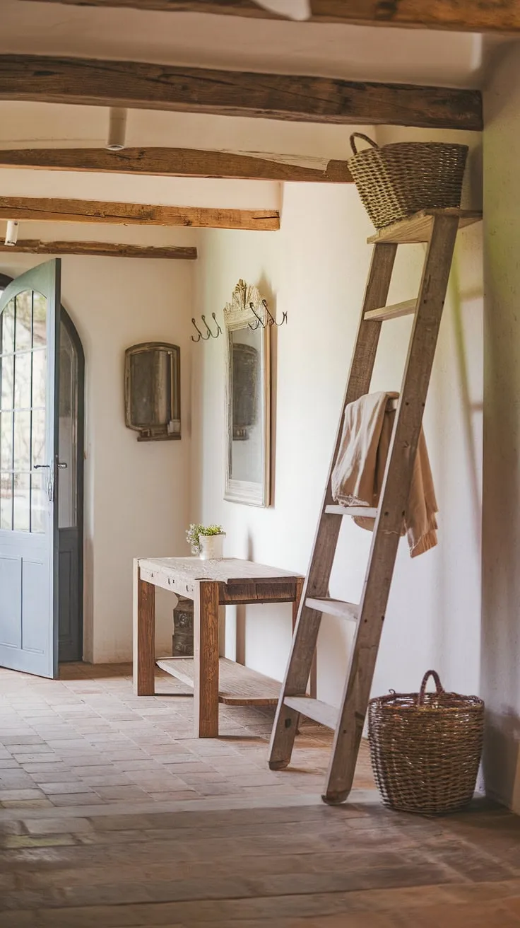 Warm terracotta tiles and a wooden ladder holding a basket create a charming French country farmhouse entryway