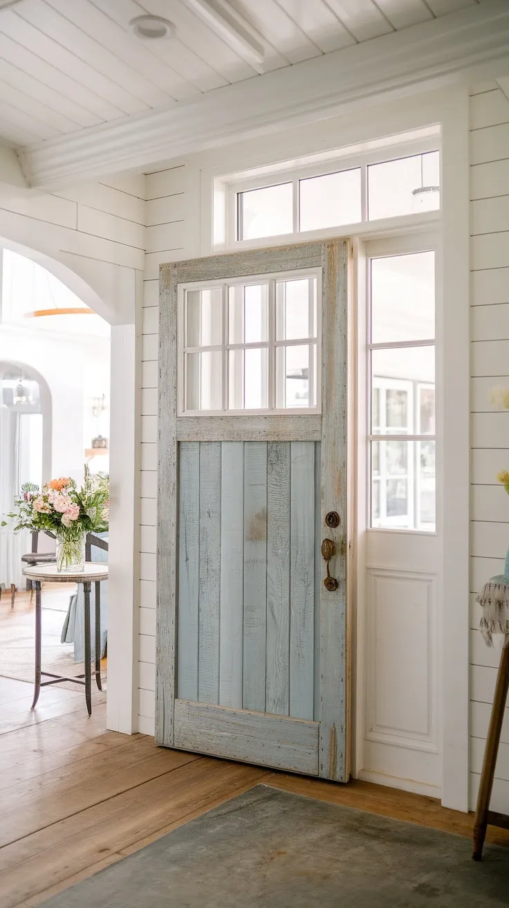 A light blue door welcomes you to a charming French farmhouse, its modern country interior hinting at cozy comfort