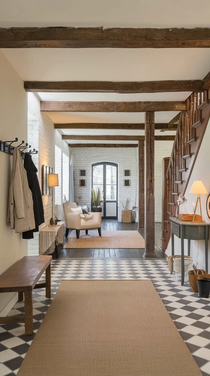 Warmth and charm fill a modern French farmhouse, its whitewashed brick and exposed beams complementing a stylish yet inviting interior.