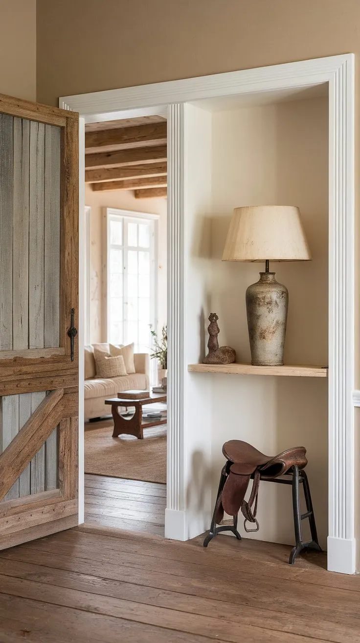A vintage saddle and antique lamp accent the charming entryway of a French country farmhouse, hinting at the cozy interior beyond