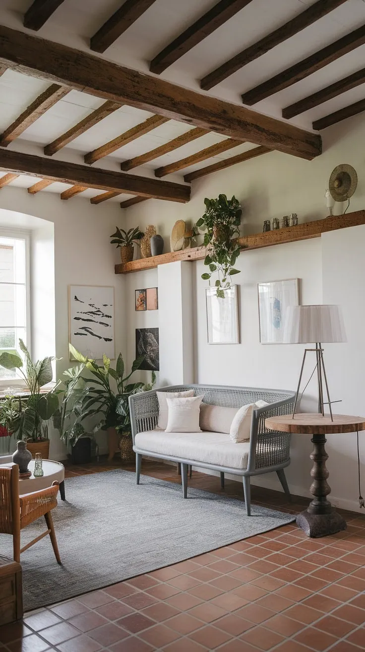 Modern French country charm fills a farmhouse interior with white walls, wooden beams, and a cozy grey couch.