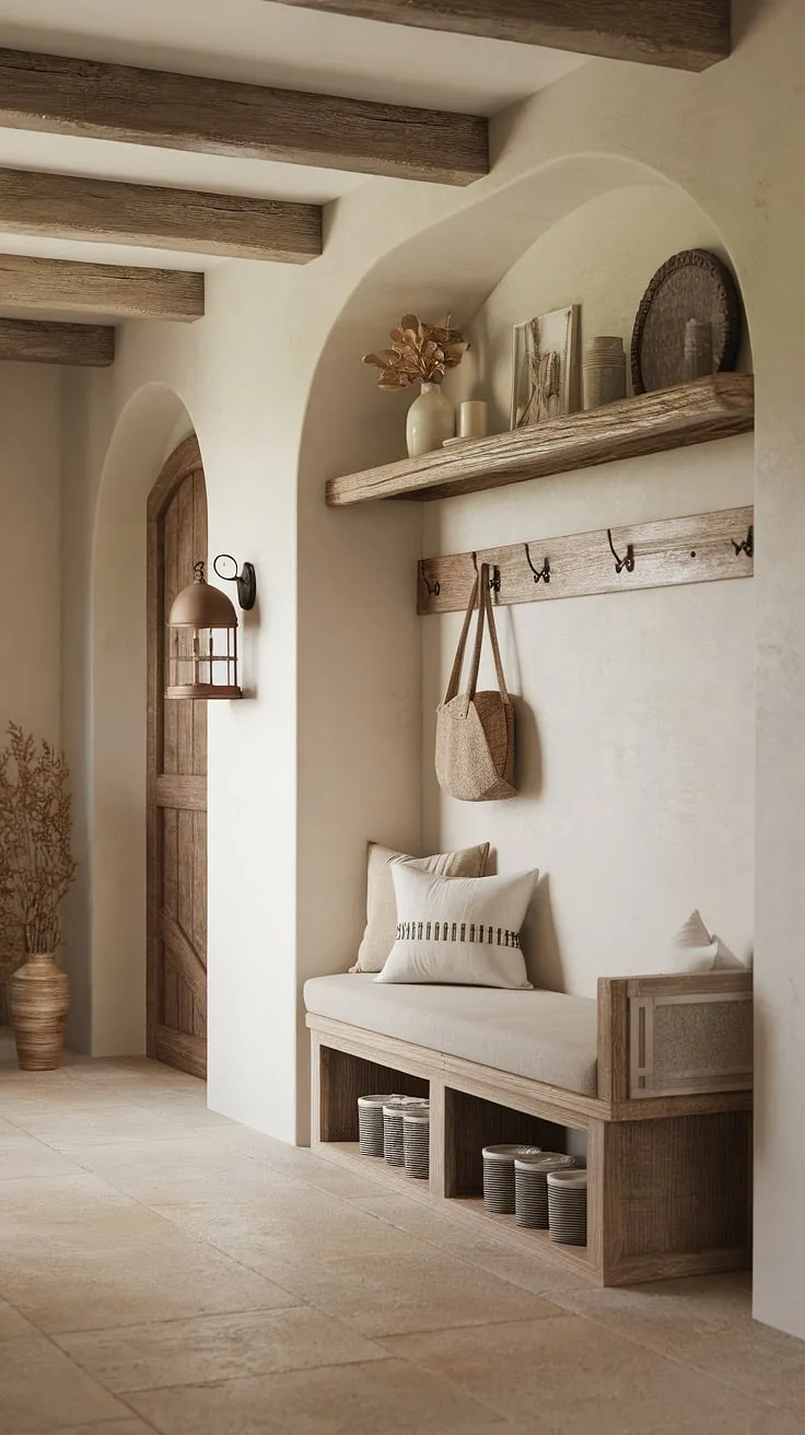 Elegant beige and white French country farmhouse entryway features a welcoming wooden bench and charming wood accents
