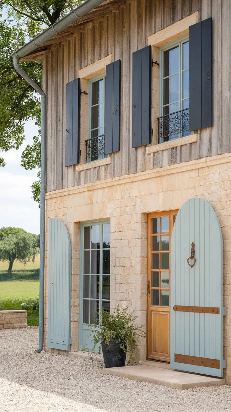 A charming French farmhouse boasts a blend of stone and wood, accented by black shutters and a peaceful natural backdrop.