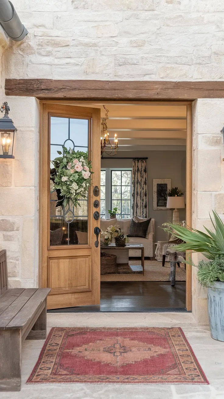 Elegant French country farmhouse charm is evident in the stone walls, wooden entryway, and cozy living room glimpsed beyond.
