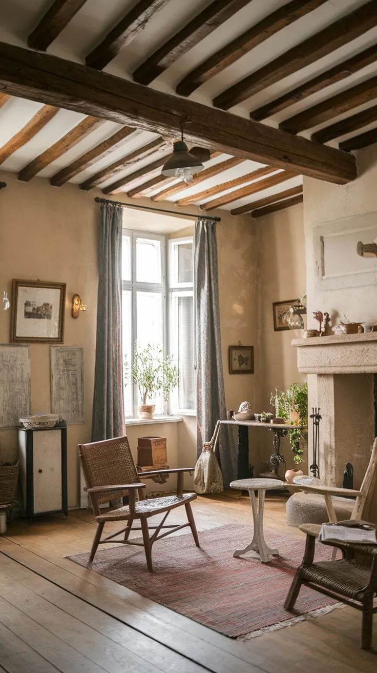 Rustic charm fills a French farmhouse's cozy interior, complete with wooden beams, a stone fireplace, and vintage furniture.